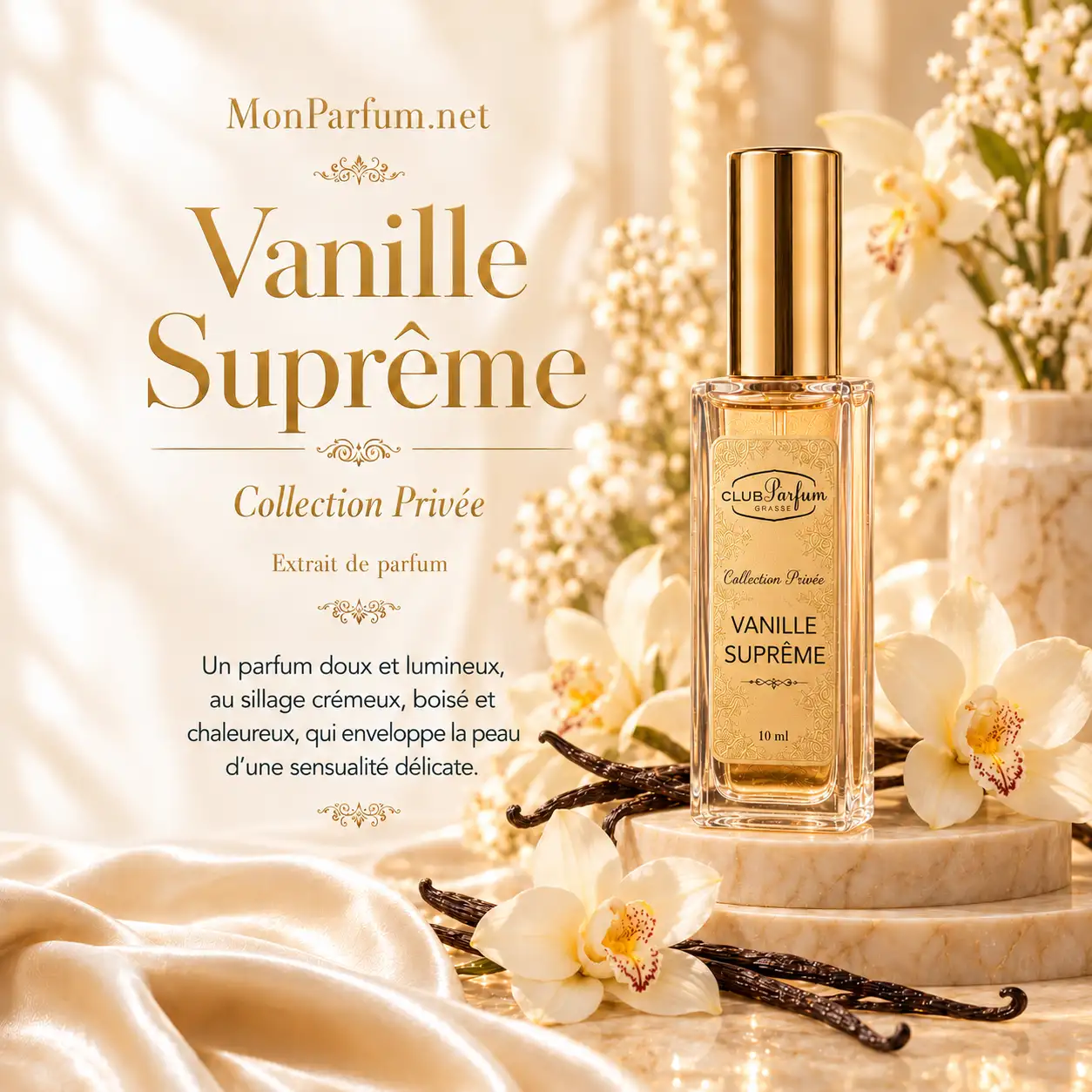 Flacon Vanille Suprême en lumière dorée club parfum